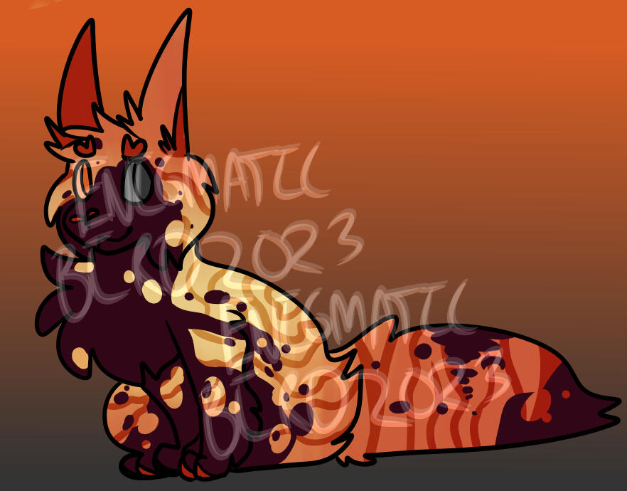 A fiery slugpup that is speckled with black accents. Their left eye is orange, their right is black.